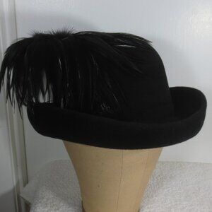 Ms Andree Hat 60s Vintage Black Fancy Bowler Feathers Wool by Bellini Size 6 7/8